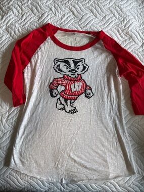 Bucky Badger Vintage-Style Red & White Raglan Tee with Mascot Graphic